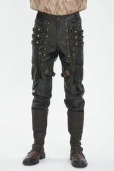 Black Big Pocket Bronze Studded Faux Leather Men's Gothic Pants